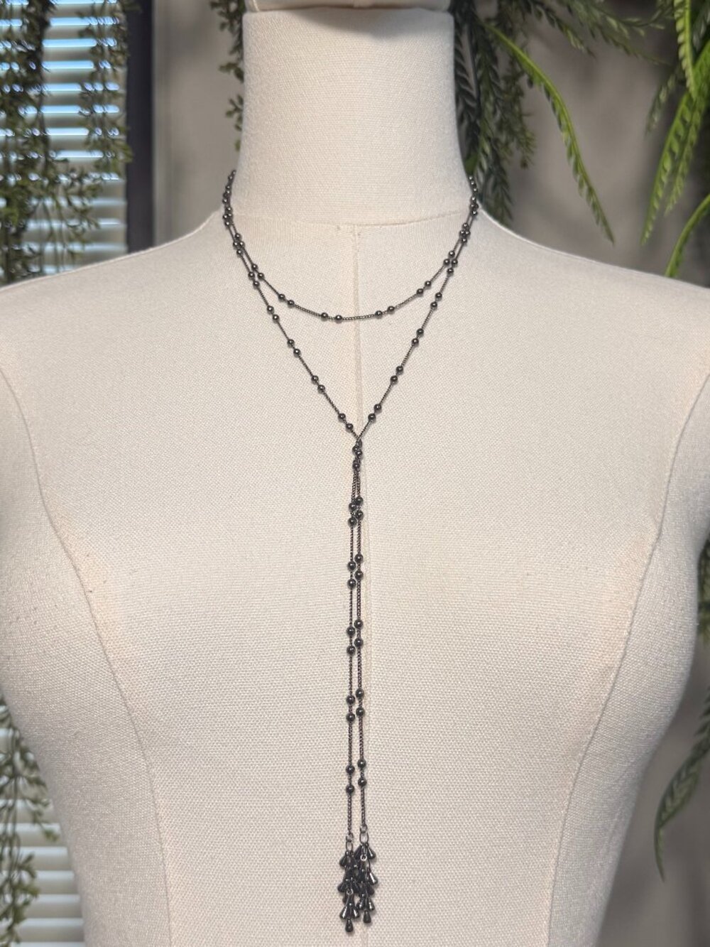 Lariat Gunmetal Beaded Necklace